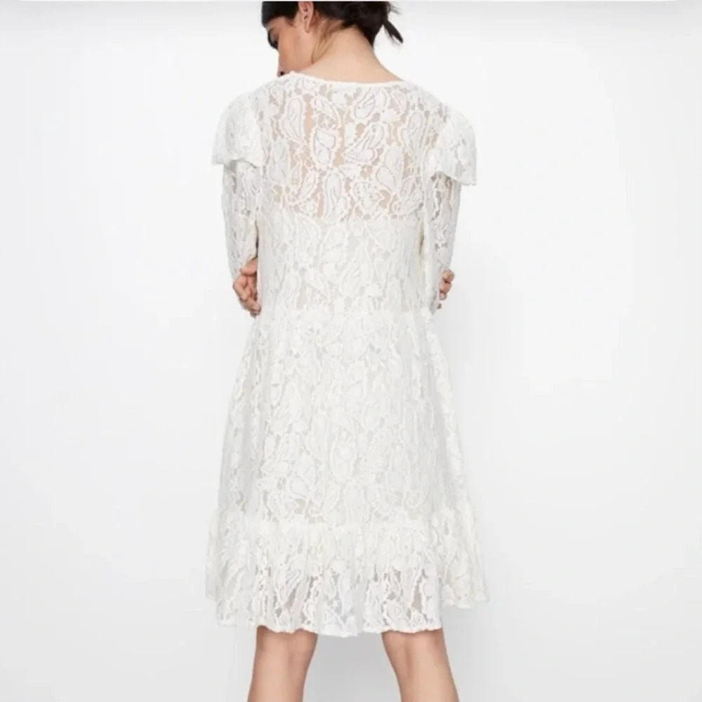 Zara Ivory Floral Lace Mini Dress Balloon Sleeve Ruffle Boho Wedding Guest M - Picture 6 of 16